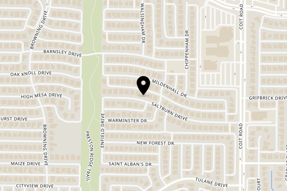 Map showing the location of Da Bomb Brownies on 4129 Saltburn Dr in Plano
